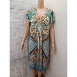 Apt 9 Women’s Dress 1X Boho Print V Neck short Flutter Sleeve Lace Jeweled Neck